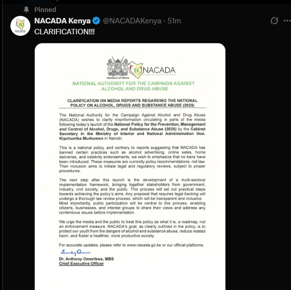 A post shared by NACADA on Wednesday, July 30, 2025, on X. PHOTO/Sreengrab by K24 Digital from @NACADAKenya