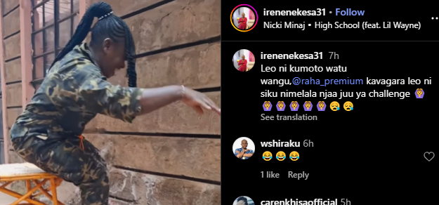 Kenyan influencer Diana Marua's former employee, Irene Nekesa attempting Nicki Minaj's viral heels challenge. PHOTO/Screengrab by K24 Digital from @irenenekesa31/Instagram