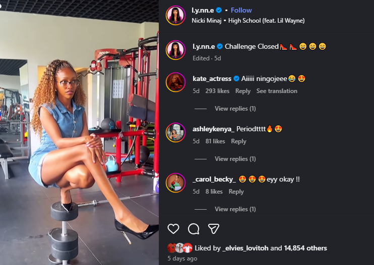 Lynne Njihia participating in Nicki Minaj's viral heels challenge, PHOTO/Screengrab by K24 Digital from Instagram post by @l.y.nn.e