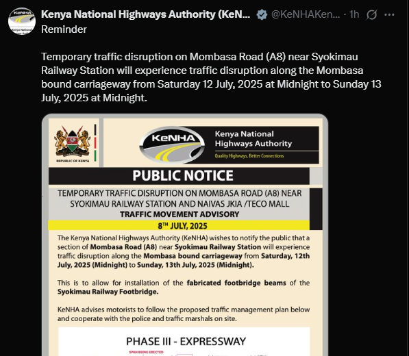 A post shared by KeNHA on Saturday, July 12, 2025, on X. PHOTO/Screengrab by K24 Digital from @KeNHAKenya
