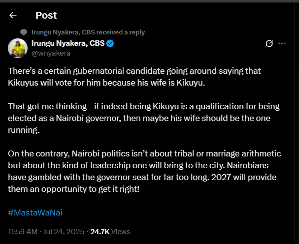 A post shared by Irungu Nyakera on his X account. PHOTO/Screengrab by K24 Digital from @wnyakera