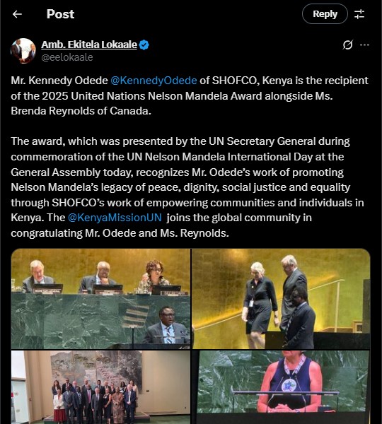 Kenya’s Permanent Representative to the UN in New York, Ekitela Lokaale confirming Odede's win on Friday July 18, 2025. PHOTO/screengrab by K24 Digital/@eelokaale/X