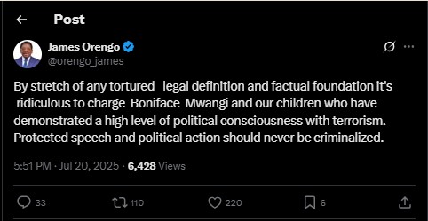 Statement shared by Siaya Governor James Orengo on Sunday July 20, 2025. PHOTO/ screengrab by K24 Digital/@orengo_james/X