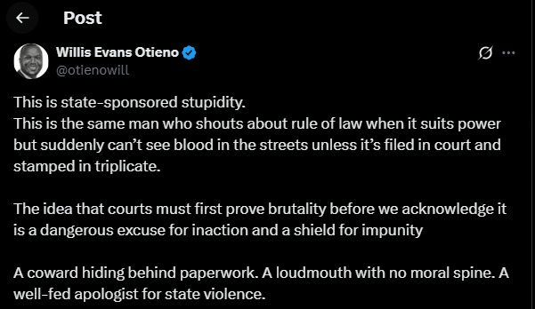 A post shared by Willis Otieno on his X account. PHOTO/Screengrab by K24 Digital from @otienowill