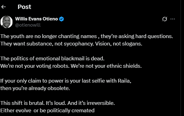 A post shared by Willis Otieno on Saturday on his X account. PHOTO/Screengrab by K24 Digital from @otienowill