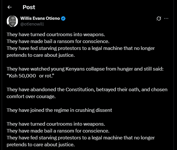 A post shared by Willis Otieno on his X account. PHOTO/Screengrab by K24 Digital from @otienowill