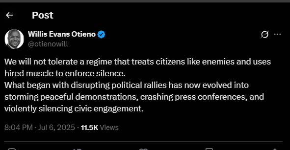 A post shared by Willis Otieno on his X account on Sunday, July 6, 2025. PHOTO/Screengrab by K24 Digital from @otienowill
