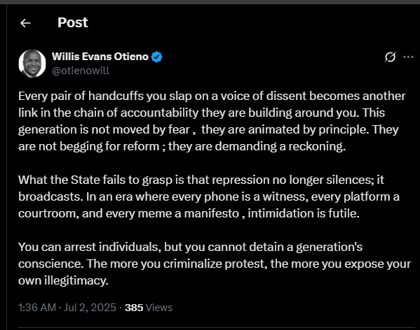 A post shared by Willis Otieno on his X account on Wednesday, July 2, 2025. PHOTO/Screengrab by K24 Digital from @otienowill