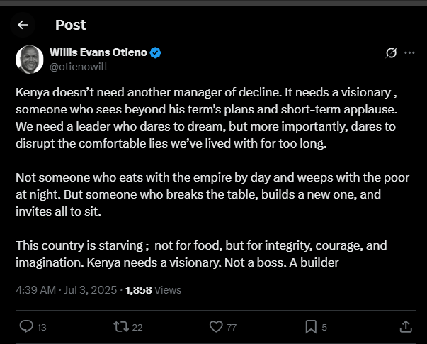 A post shared by Willis Otieno on Thursday, July 3, 2025, on his X. PHOTO/Screengrab by K24 Digital from @otienowill