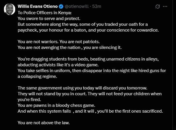 A post shared by Willis Otieno on his X account on Thursday, July 10, 2025. PHOTO/Screengrab by K24 Digital from @otienowill