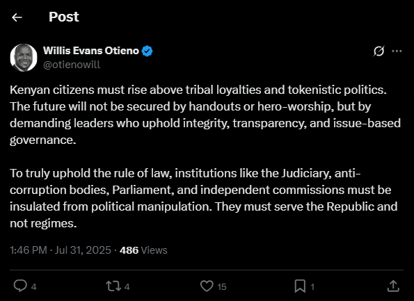 A post shared by Willis Otieno on his X account. PHOTO/Screengrab by K24 Digital from @otienowill
