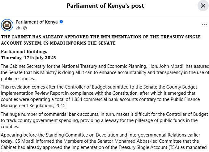 A post shared by Parliament on Thursday, July 17, 2025, on Facebook. PHOTO/Screengrab by K24 Digital