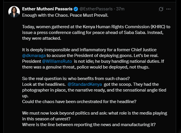 A post shared by Esther Passaris on her X account. PHOTO/Screengrab by K24 Digital from @EstherPassaris