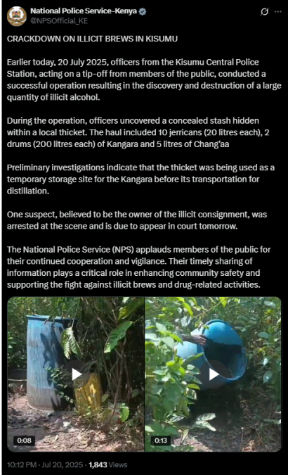 Statement shared by National Police Service on Sunday July 20, 2025. PHOTO/Screengrab by K24 Digital of X post by /@NPSOfficial_KE/X