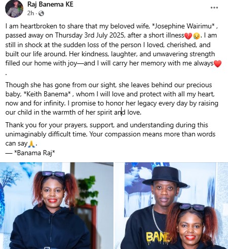 Raj Banema's post announcing ghe death of his wife. PHOTO/https://www.facebook.com/profile.php?id=100083780106408