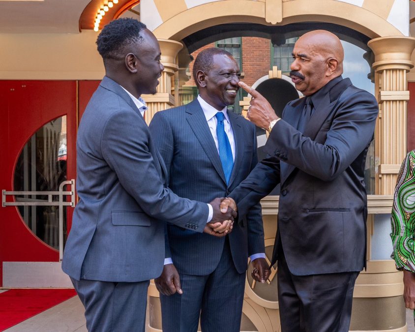 President William Ruto and content creator Eddie Butita meet American TV personality Steve Harvey at Tyler Perry Studios in the U.S. on May 21, 2024. PHOTO/@WilliamsRuto/X