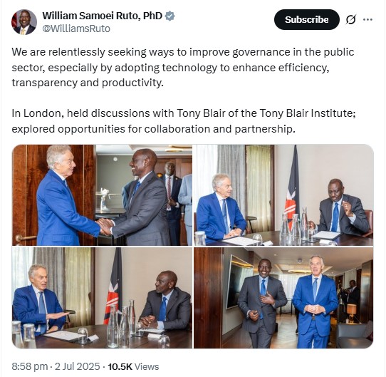 William Ruto with  the former UK Prime Minister and Tony Blair Institute founder, Tony Blair during their meeting in London on June 2, 2025. PHOTO/@WilliamsRuto/X