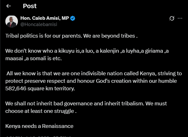 A post shared by Caleb Amisi on Tuesday, July 8, 2025, on his X. PHOTO/Screengrab by K24 Digital from @Honcalebamisi