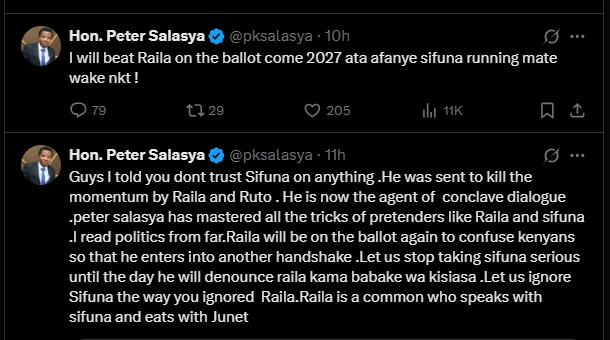 A post shared by Peter Salasya on his X account. PHOTO/Screengrab by K24 Digital from @pksalasya