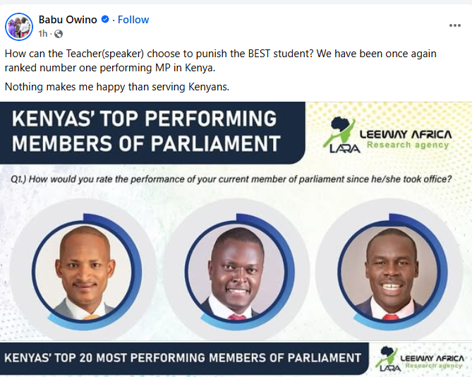 A facebook post by Babu Owino. Screengrab by K24 Digital by Babu Owino