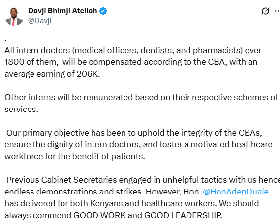 A post by Davji Attellah on Renumetion of Interns. PHOTO//Screengrab by K24 digital from X post by @Davji