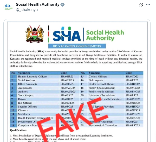 The fake job posting shared by SHA on X. PHOTO/ A screengrab by K24 Digital