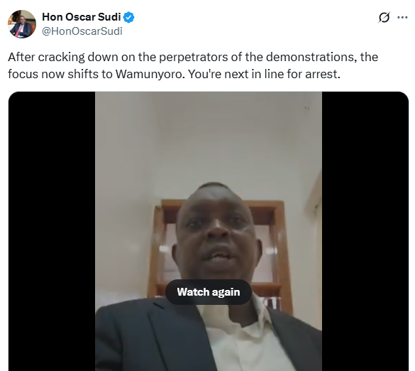 The post from Oscar Sudi. PHOTO/ A screengrab by K24 Digital
