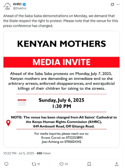 A screenshot of KHRC’s statement. PHOTO/Screengrab by K24 Digital from a statement shared on X by @thekhrc
