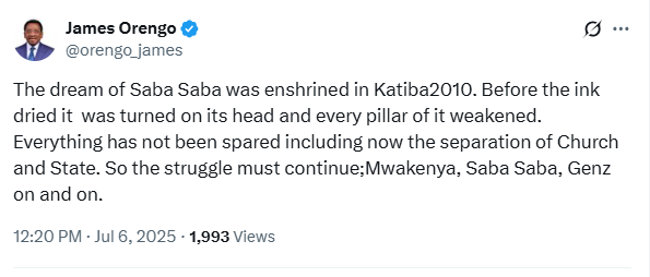 An image of a post made by Orengo. PHOTO// Screengrab by K24 digital of X post by @orengo_james
