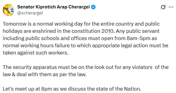 Statement by Cherargei. PHOTO: Screengrab by K24 Digital