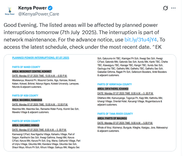 Statement from Kenya Power. PHOTO/ A screengrab by K24 Digital