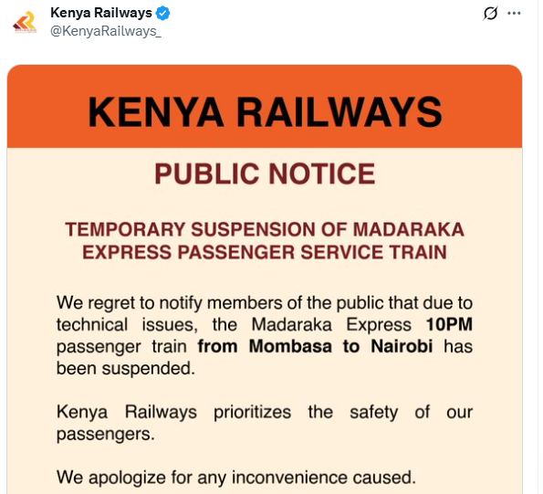 Notice by Kenya Railways. PHOTO/A screengrab by K24 Digital