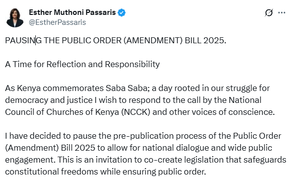 Part of the statement by Esther Passaris. PHOTO: @EstherPassaris/X