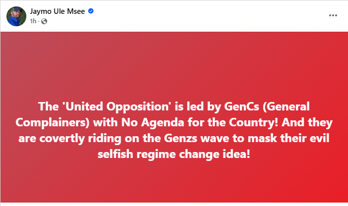 A post by Jaymo Ule Msee, slamming the opposition. PHOTO//https://www.facebook.com/100044331104377/posts/1273263857494639/?rdid=ogtXm7OvC6b7MZ1a#