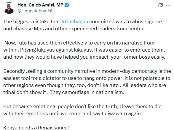 The X post by Caleb Amisi. PHOTO: Screengrab by K24 Digital.
