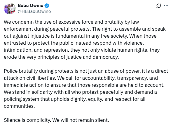 The X post by Babu Owino. PHOTO: Screengrab by K24 Digital.