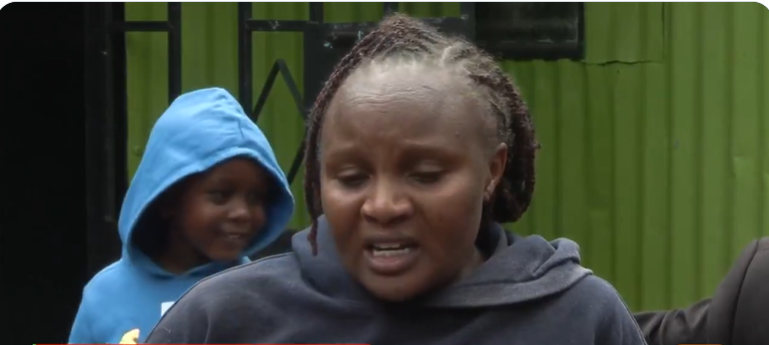 Lucy Ngugi, mother of 12-year-old Bridgit Njoki, who was shot dead while watching TV at home in Ndumberi village. PHOTO/Screengrab by K24 Digital