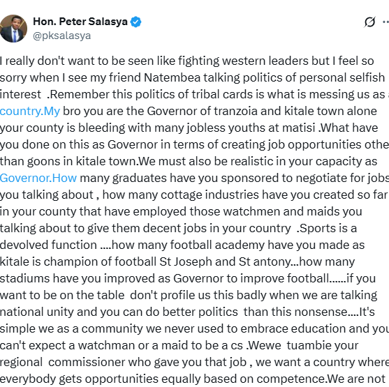 A post by Salasya condemning Natembeya. PHOTO// screengrab by K24 Digital of X post by @pksalasya