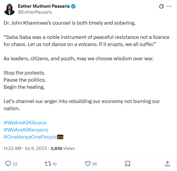 A post by passaris. PHOTO/screengrab by k24digital of X post by @estherpassaris