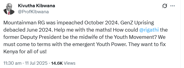 The X post by Kivutha Kibwana. PHOTO: Screengrab by K24 Digital.