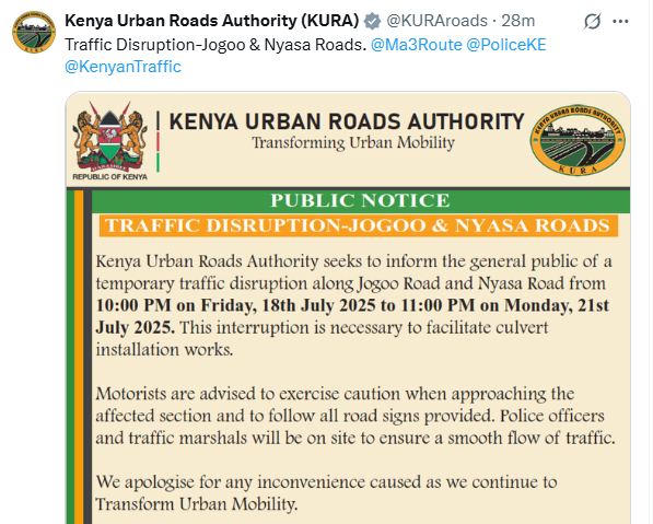 The Notice by KURA posted on X. PHOTO/ A screengrab by K24 Digital