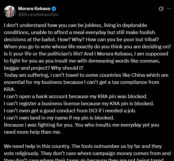 A post by Morara Kebaso. PHOTO//Screengrab by K24 Digital from X by @MoraraKebasoSnr