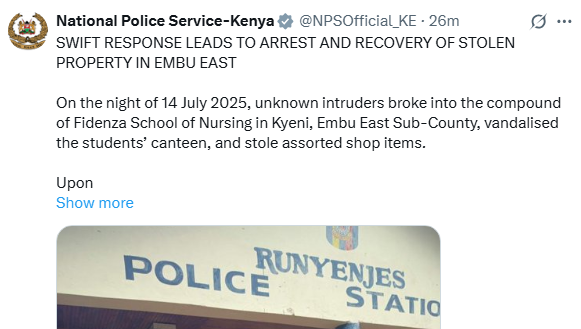Statement by the NPS. PHOTO/ Screengrab by K24 Digital