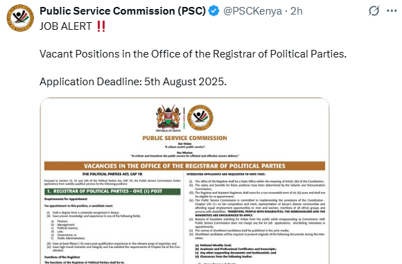 The job advert shared on X by PSC. PHOTO/ Screengrab by K24 Digital