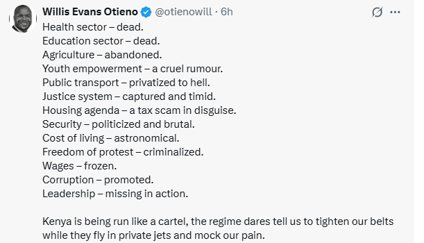 Willis Otieno’s X post. PHOTO/ Screengrab by K24 Digital