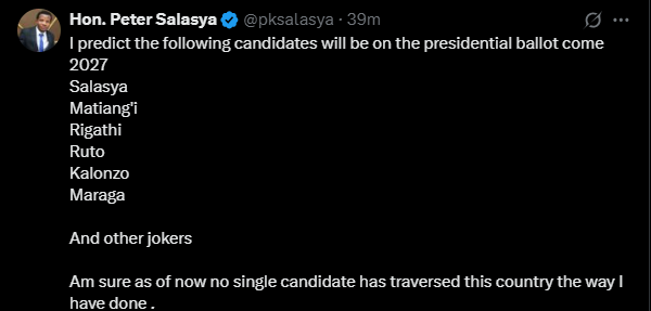 A post by Peter Salasya. PHOTO/Screengrab by K24 digital of X post by @pksalasya