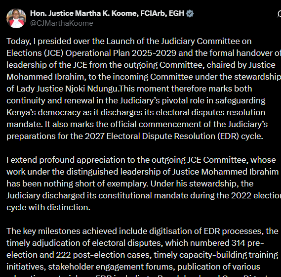 A post by Martha Koome. PHOTO// Screengrab by K24 digital from X by @CJMarthaKoome
