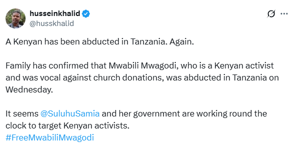Post on X by Hussein Khalid. PHOTO/Screengrab by K24 Digital