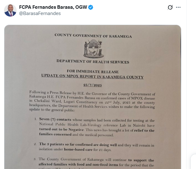 Statement posted on X by Governor Barasa Fernandes. PHOTO/ Screengrab by K24 Digital