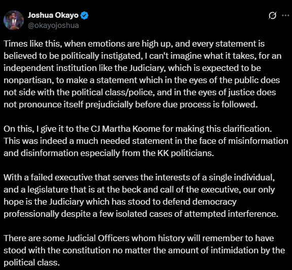 A post by Joshua Okayo. PHOTO//Screengrab by K24 digital from X by @okayojoshua